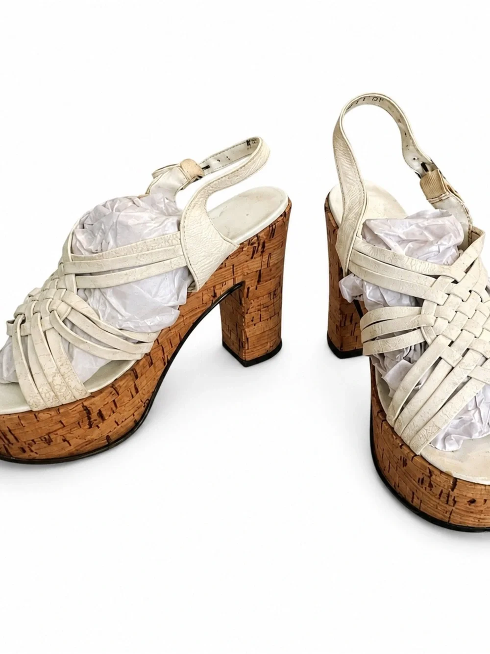 Vintage 70’s Woven White Leather Platform Sandals with Cork Heel